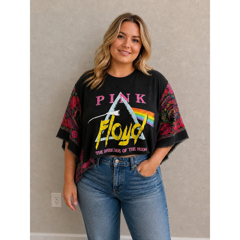 Pink Floyd Dark Side of the Moon Upcycled Cropped Graphic Tee Kimono Sleeve O/S